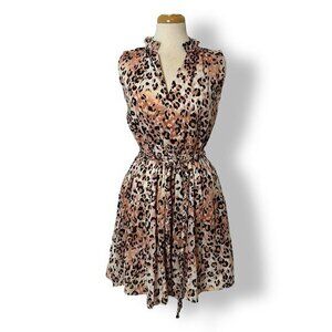 NWT Karina Grimaldi Trina Leopard Print Mini Dress Ruffle Sleeveless Lined Sz S